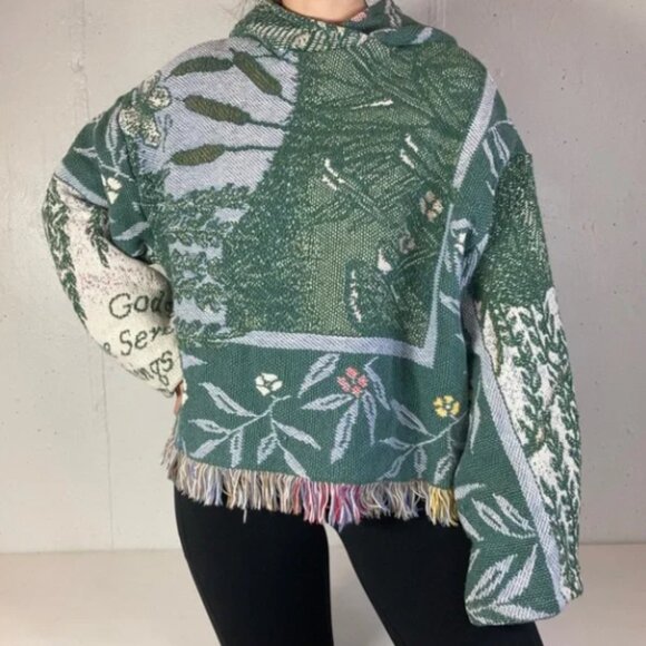 Vintage Rework Green Fringe Cropped Tapestry Blanket Hoodie - Picture 2 of 9